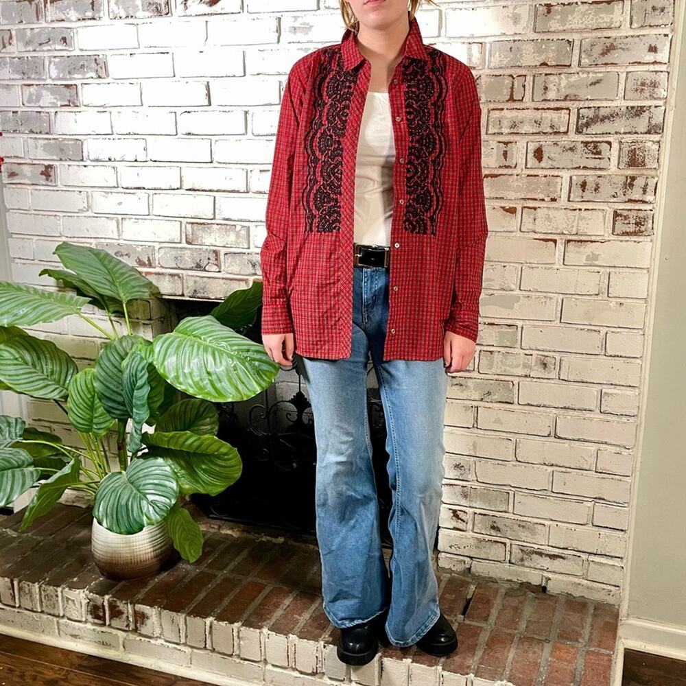 J. Crew Red Black Plaid Beaded Embroidered Button-down Long Sleeve Blouse Top